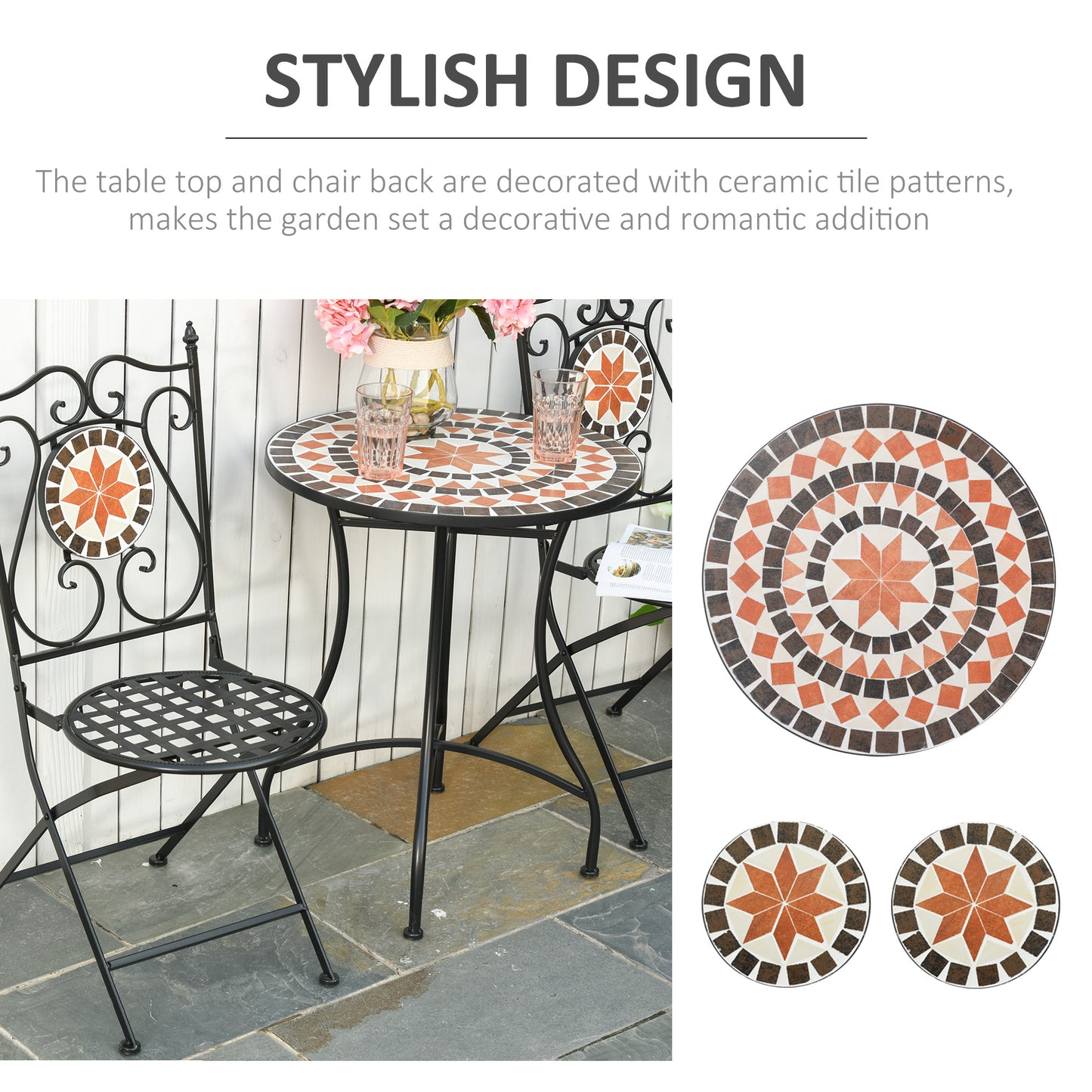 3 Piece Garden Bistro Set | Ceramic Tile Round Table Dia 60cm | 2 Folding Chairs | Mosaic Pattern | Metal Frame | 100kg | Indoor & Outdoor | Black