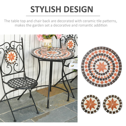 3 Piece Garden Bistro Set | Ceramic Tile Round Table Dia 60cm | 2 Folding Chairs | Mosaic Pattern | Metal Frame | 100kg | Indoor & Outdoor | Black
