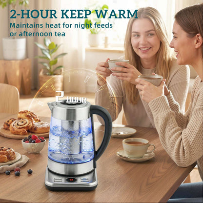 1.7L Glass Electric Kettle | 3000W Strix Controller | 5 Temperature Presets 60-100°C | 2hr Keep-Warm | Built-In Tea Infuser | LCD Display | Stainless Steel Base | 70cm Cable | Silver