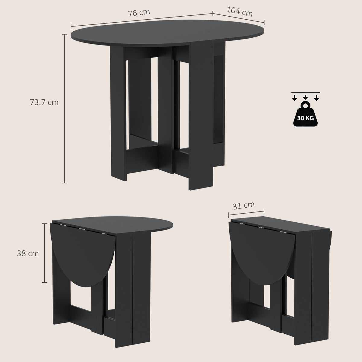 Black Drop-Leaf Dining Table | Folding Space-Saving Table with 3 Configurations | Seats 2-4 | 104 x 76 x 73.7 cm | Kitchen & Small Apartment Furniture