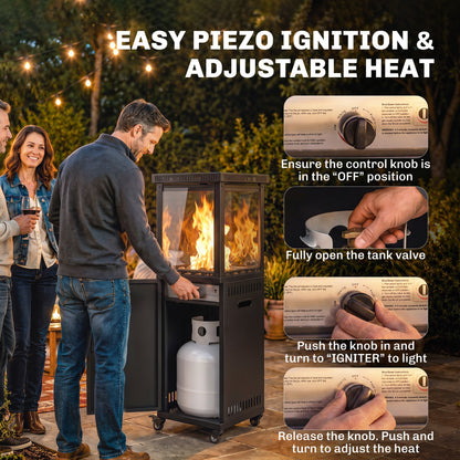 13kW Gas Patio Heater | Propane & Butane | Stepless Control | Piezo Ignition | Tempered Glass Wind Guard | 45° Tilt Shut-Off | Lava Rocks | 4 Wheels (2 Lockable) | 30m² | 46x46x137cm | Black