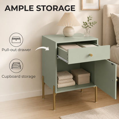 Set of 2 Modern End Tables | Light Green | Particleboard Metal Legs | 40x35x60cm Each | Drawer Cabinet & Shelf | 40kg | Melamine Surface | Metal Slide Runners | Living Room Bedroom