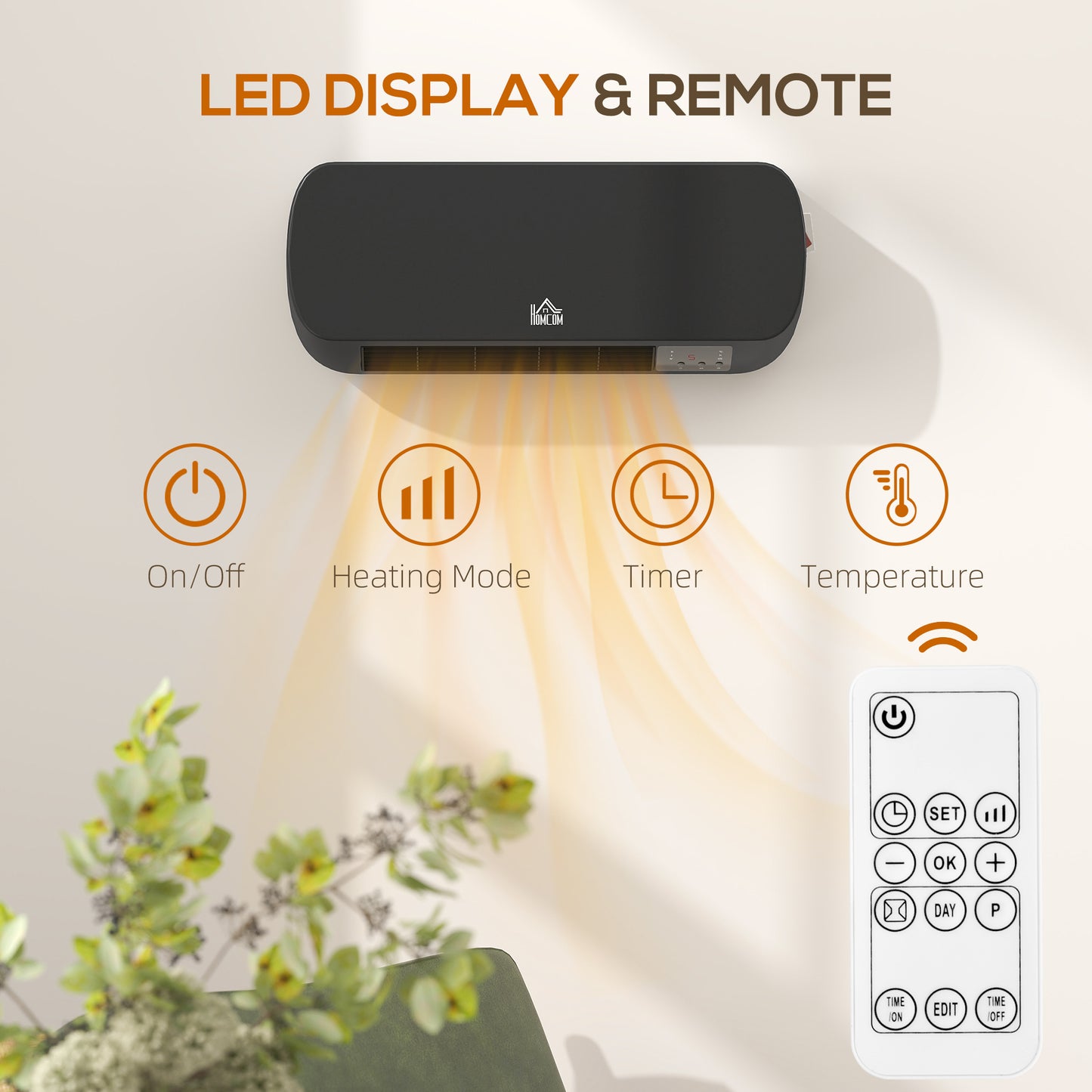 2000W Wall Mounted Ceramic Space Heater, 10-49°C Temperature, Black