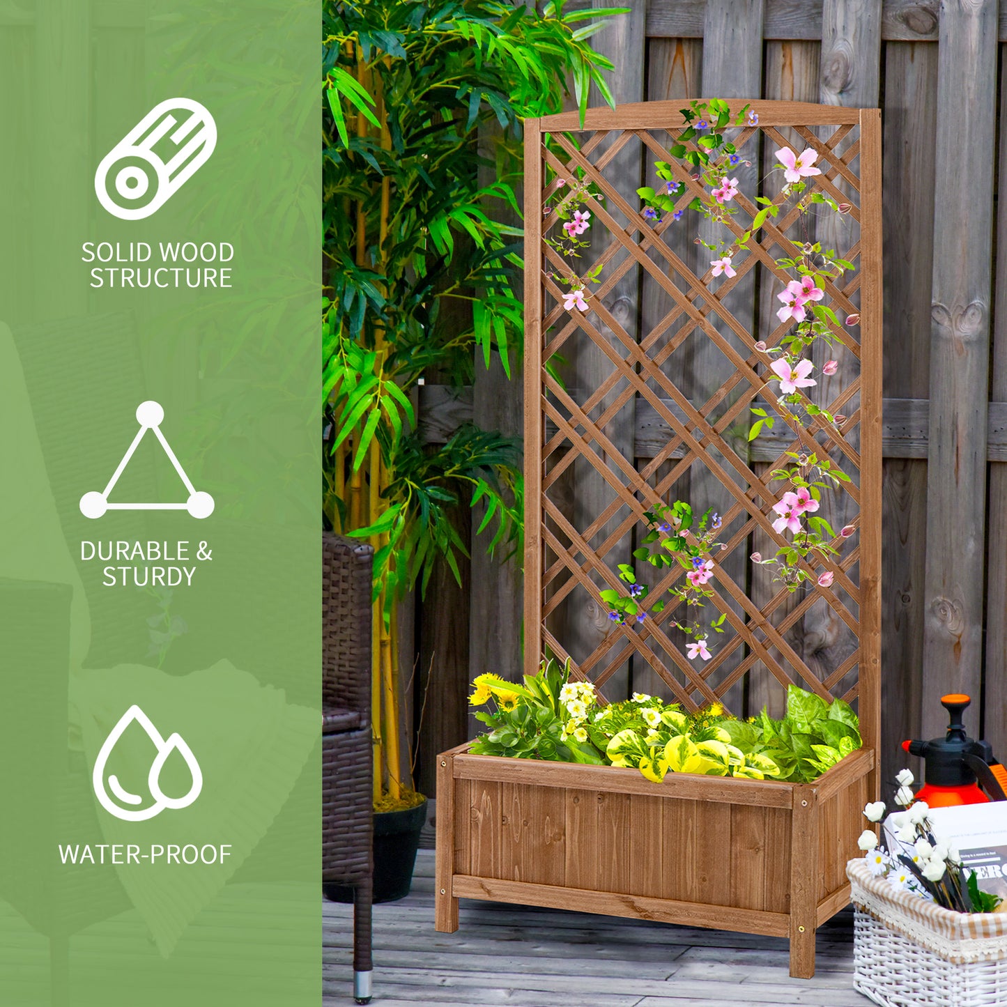 Fir Wood Raised Garden Bed with Lattice Trellis | 53.5x24cm Planting Area | Year-Round Outdoor Use | Climbing Plants Flowers Fruits & Herbs | Brown