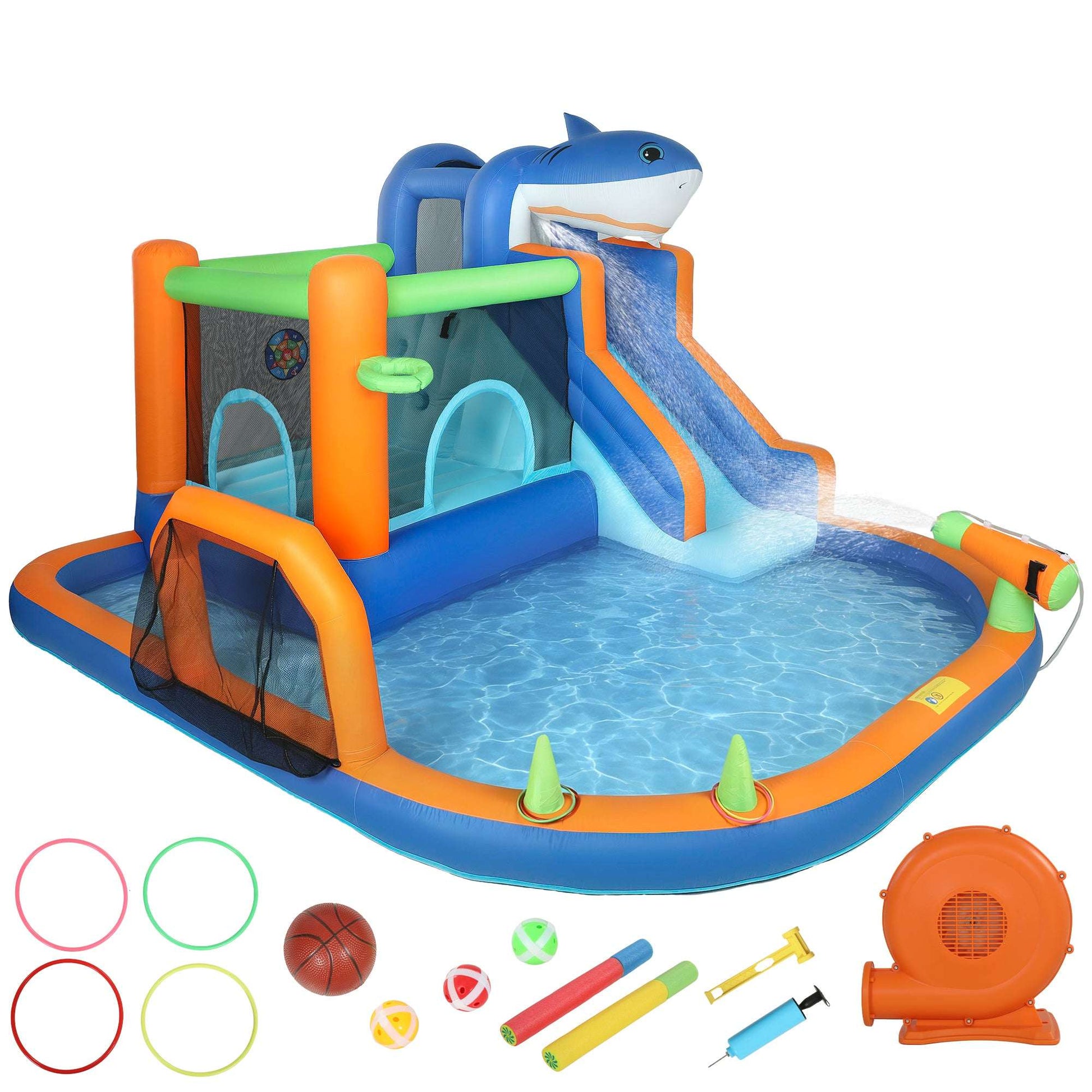 AIYAPLAY Inflatable Bouncy Castle for Kids, Sharks Theme Jumping Bounce House with Slide, Climbing Wall for Indoor Outdoor