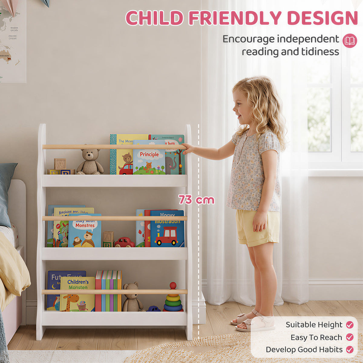 AIYAPLAY White 3-Tier Kids Bookshelf | 60cm Wide Slim Book Display with Pine-Tone Rails | Wall-Fixed Design | Ages 3–8