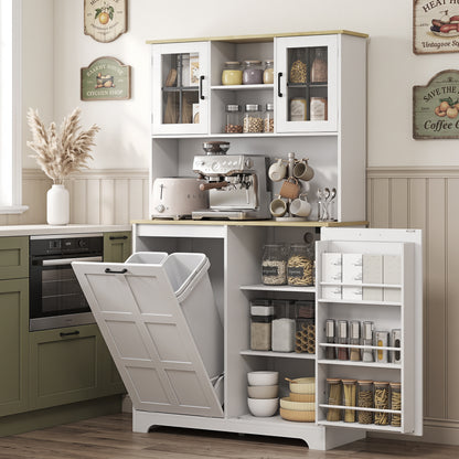 175cm Tall Kitchen Cabinet | Bin Cabinet | Acrylic Doors | 3 AC Outlets | Adjustable Shelves | 141kg | 100x35x175cm | White
