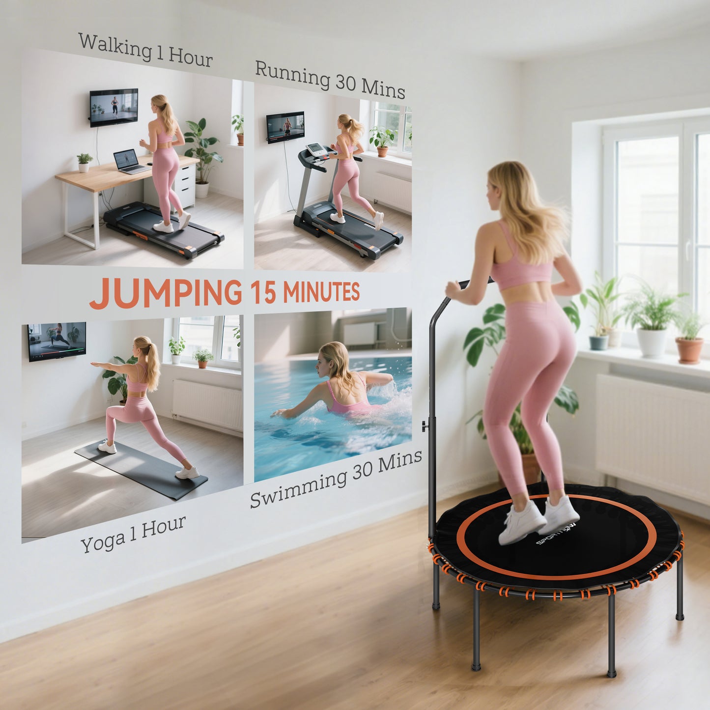 SPORTNOW 40" Foldable Fitness Trampoline Rebounder with Handle, Orange / Green / Pink