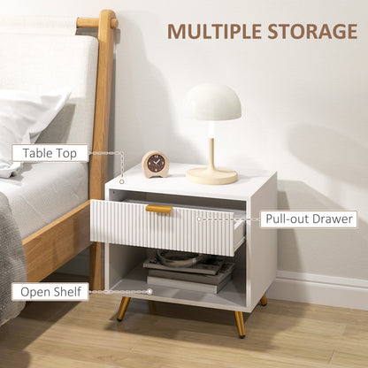 Set of 2 Bedside Tables | Ribbed Drawer | Gold Legs & Handle | Open Shelf | White | 50x47cm