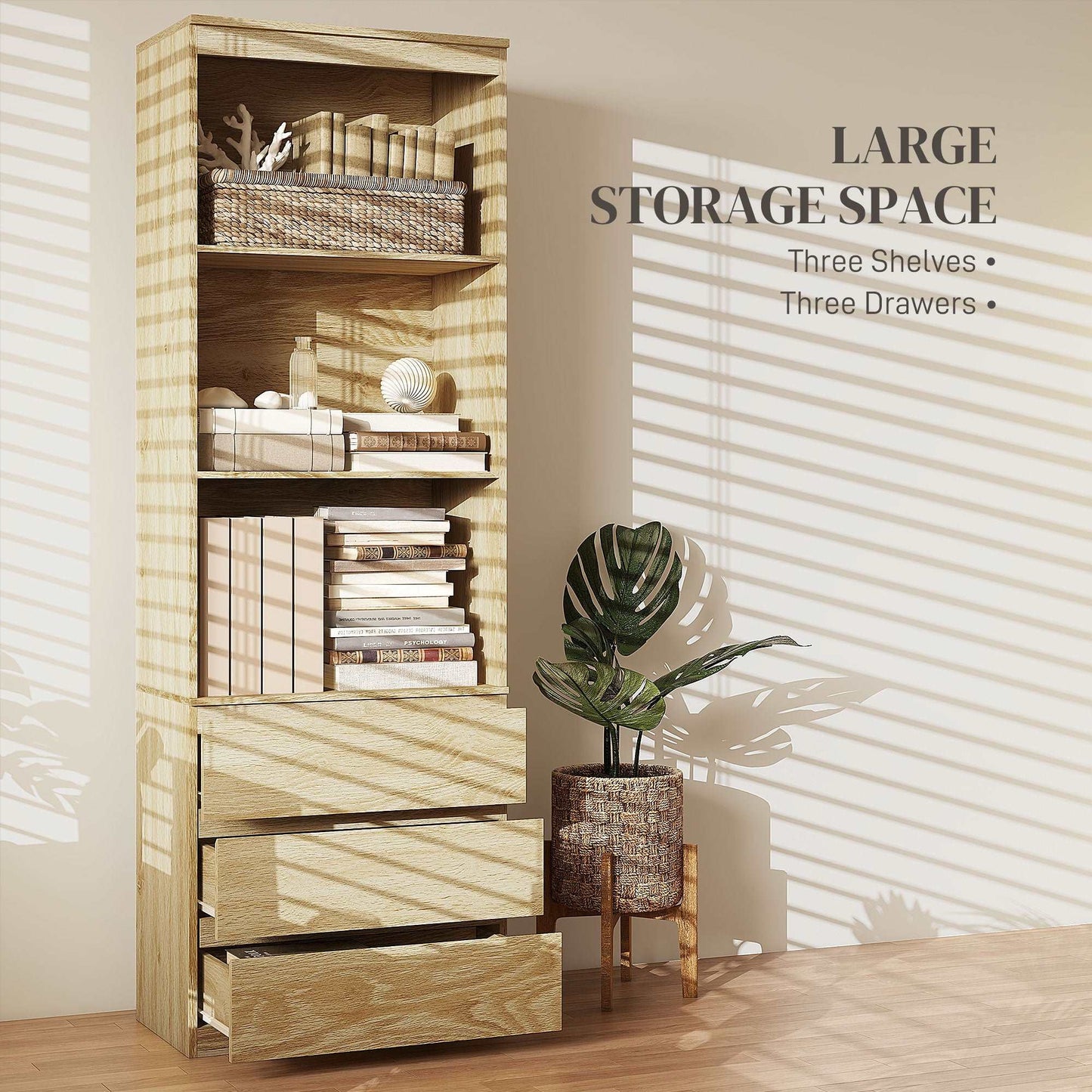 180cm Tall Bookcase with Storage, Free Standing Bookshelf with 3 Shelves and 3 Drawers, Display Cabinet for Living Room, Home Office, Bedroom, Oak