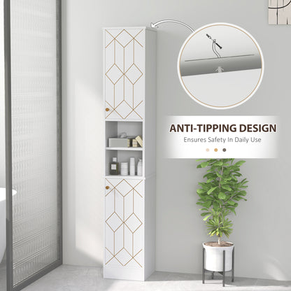 Tall Bathroom Storage Cabinet with Doors | Slim Freestanding | Adjustable Shelves | Gold Tone Handles | White