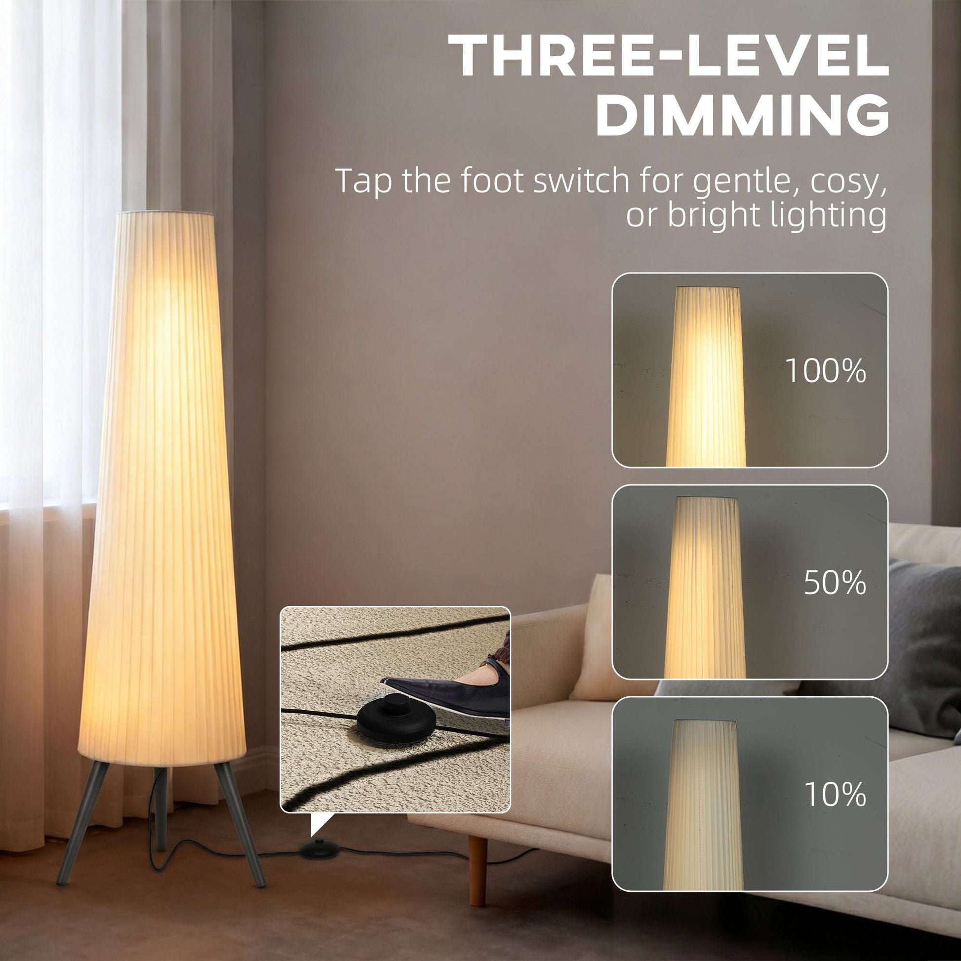 Nordic Dimmable Tripod Floor Lamp | 3-Level Foot Switch | Pleated Fabric Shade | 3000K Warm White | 10.5W 900lm | Steel & Wood Tripod Base | 46x46x153cm | 15-Min Assembly | White