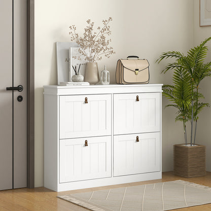 Slim Shoe Cabinet | 4 Drop-Down Doors | 16-20 Pairs | Adjustable Shelves | Anti-Tip | White | 105x24cm