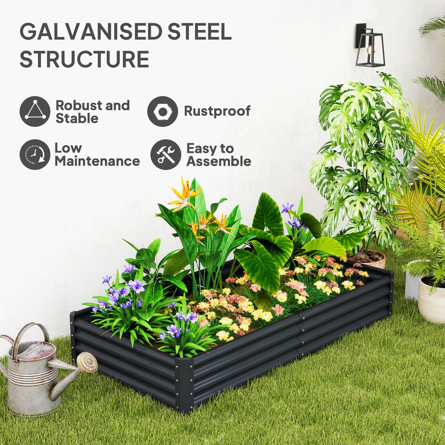Large Galvanised Steel Raised Garden Bed | 459L | Open Bottom | Inner Support Bars | Powder-Coated Rust-Resistant | Easy Assembly | 180x90x30cm | Flowers Veg & Plants | Dark Grey