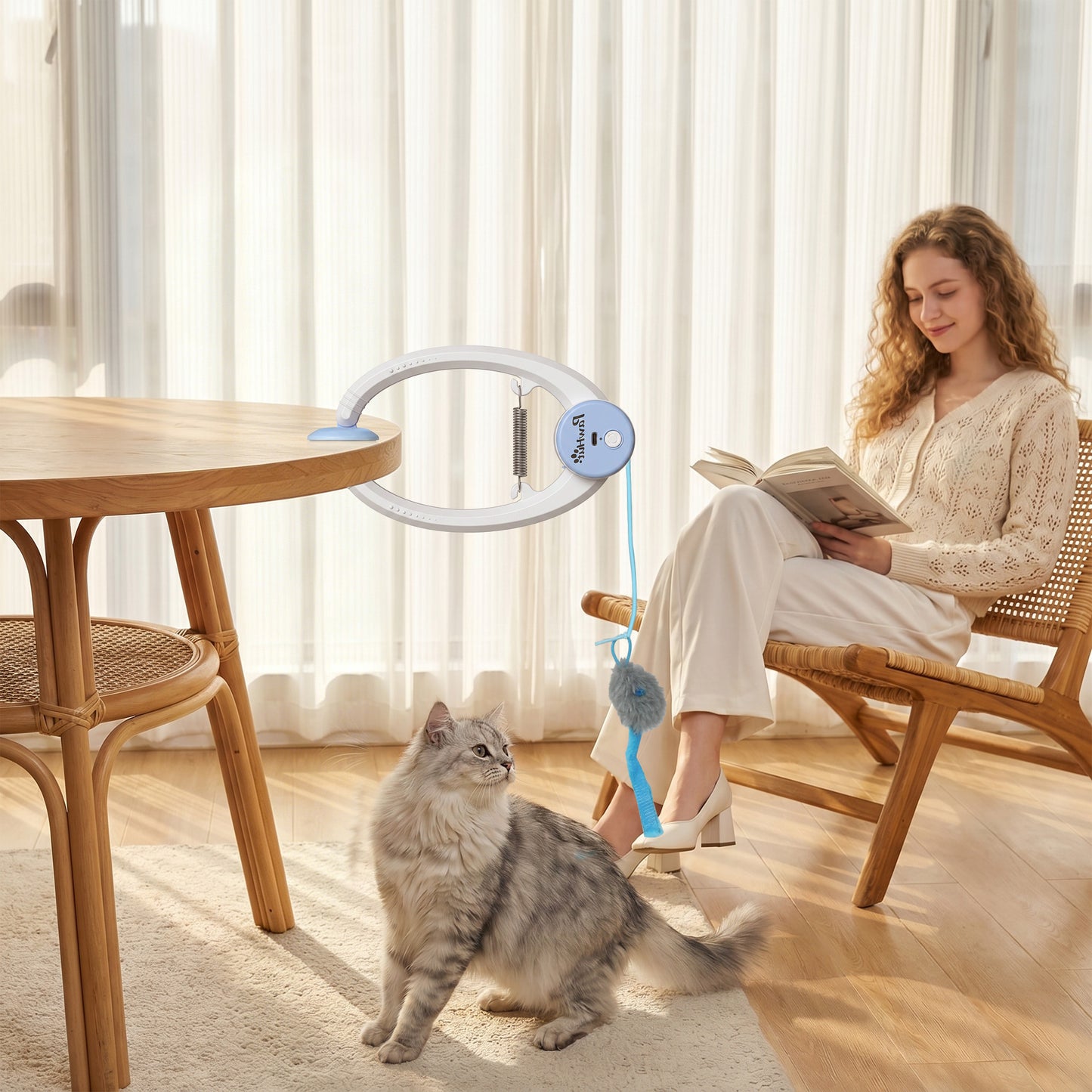 Door Hanging Bouncing Mouse Cat Toy | Touch Sensor | Adjustable Cord | USB-C | 15-Min Timer | White