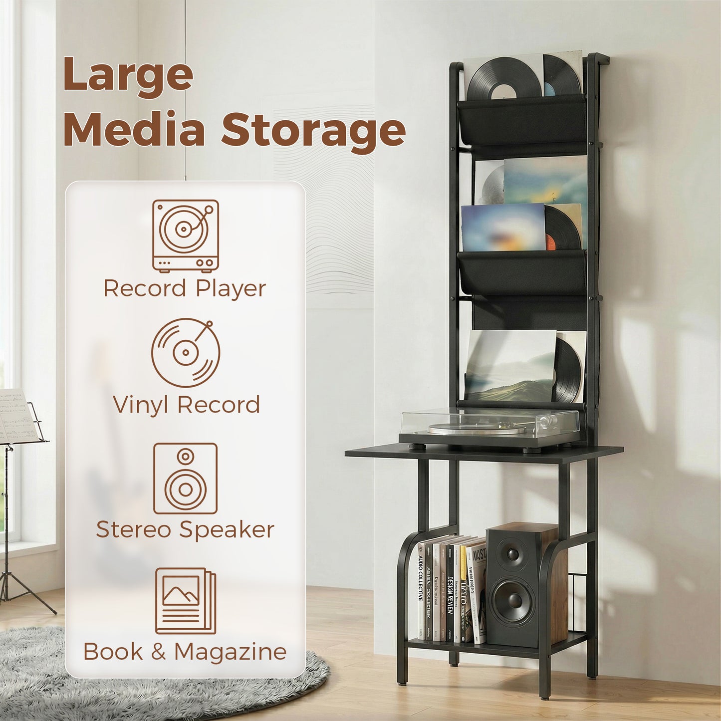 Vinyl Record Player Stand | 4 Oxford Fabric Sling Shelves | 40 CD Capacity | Industrial Black Metal Frame | Anti-Tip Hardware | Adjustable Feet | 23kg Total Capacity | 50x48.5x144cm | Black