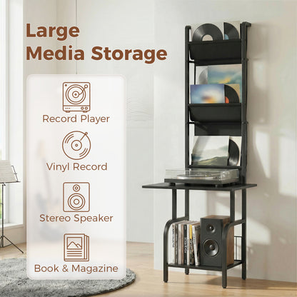 Vinyl Record Player Stand | 4 Oxford Fabric Sling Shelves | 40 CD Capacity | Industrial Black Metal Frame | Anti-Tip Hardware | Adjustable Feet | 23kg Total Capacity | 50x48.5x144cm | Black