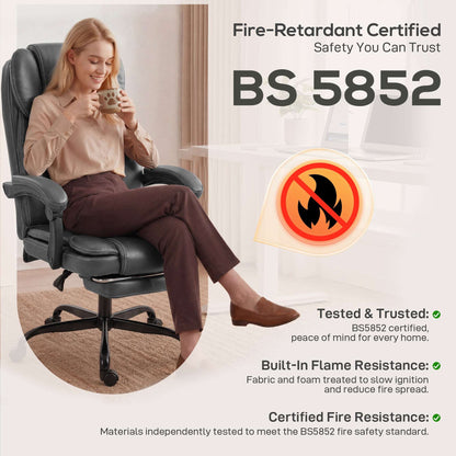 High-Back Executive Reclining Office Chair | 90-135° Recline | Linkage Armrests | Retractable Footrest | Pocket Spring & Foam Seat | PU Leather | EN1335 & BS5852 | 120kg | Grey