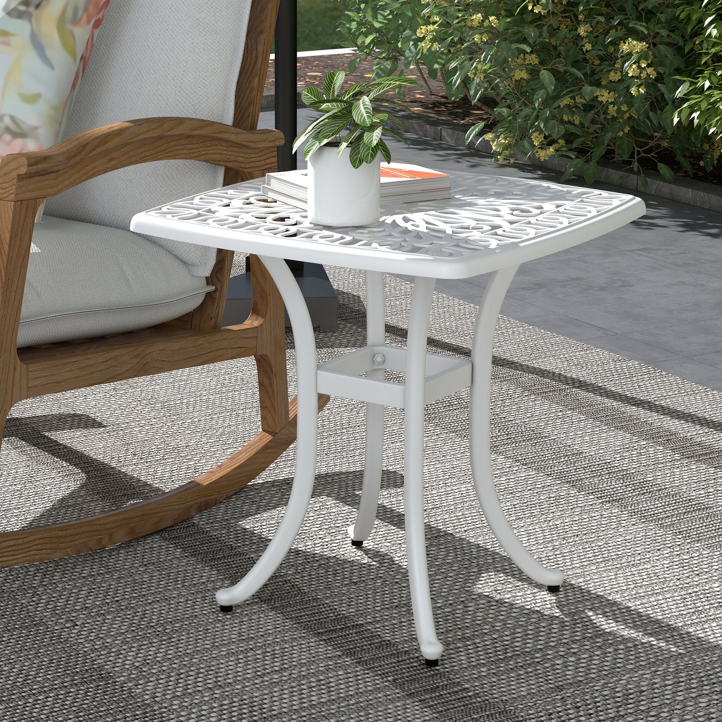 Cast Aluminium Garden Bistro Side Table | 53x53x53cm | Floral Cut-Out Design | Umbrella Hole 3.5cm | Curved Legs | Adjustable Feet | 50kg | White