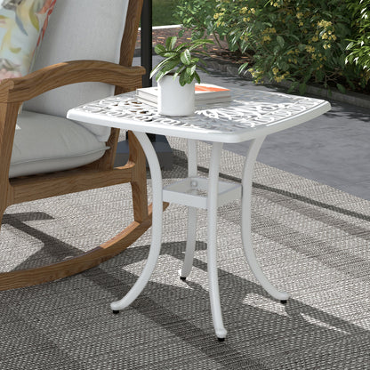 Cast Aluminium Garden Bistro Side Table | 53x53x53cm | Floral Cut-Out Design | Umbrella Hole 3.5cm | Curved Legs | Adjustable Feet | 50kg | White