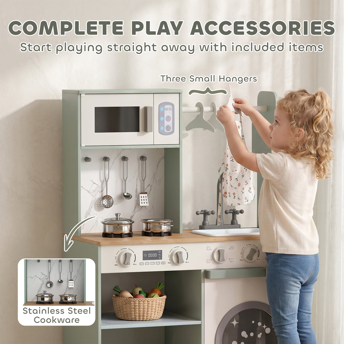 Kids Play Kitchen Playset | Stove, Sink, Microwave & Laundry | Sound Knobs | Ice Maker | 5-Piece Accessories | Ages 3–6 | Green