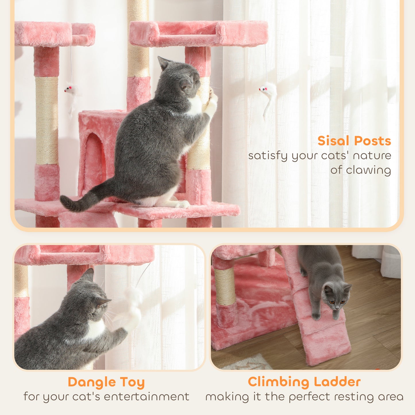 PawHut 173cm Cat Tree Scratching House, Activity Play Centre, Pink