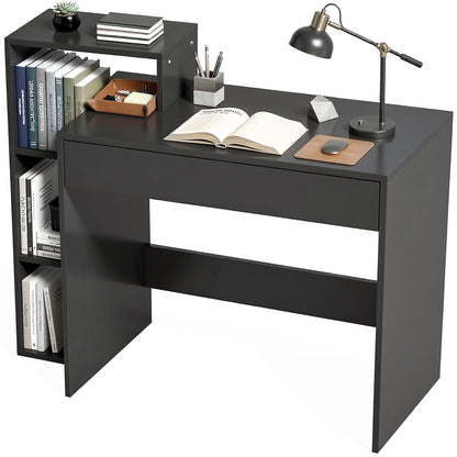 Compact Computer Desk with Storage | Wide Drawer & 3 Open Side Shelves | Black Study Workstation with Melamine Finish | 100W × 40D × 90Hcm