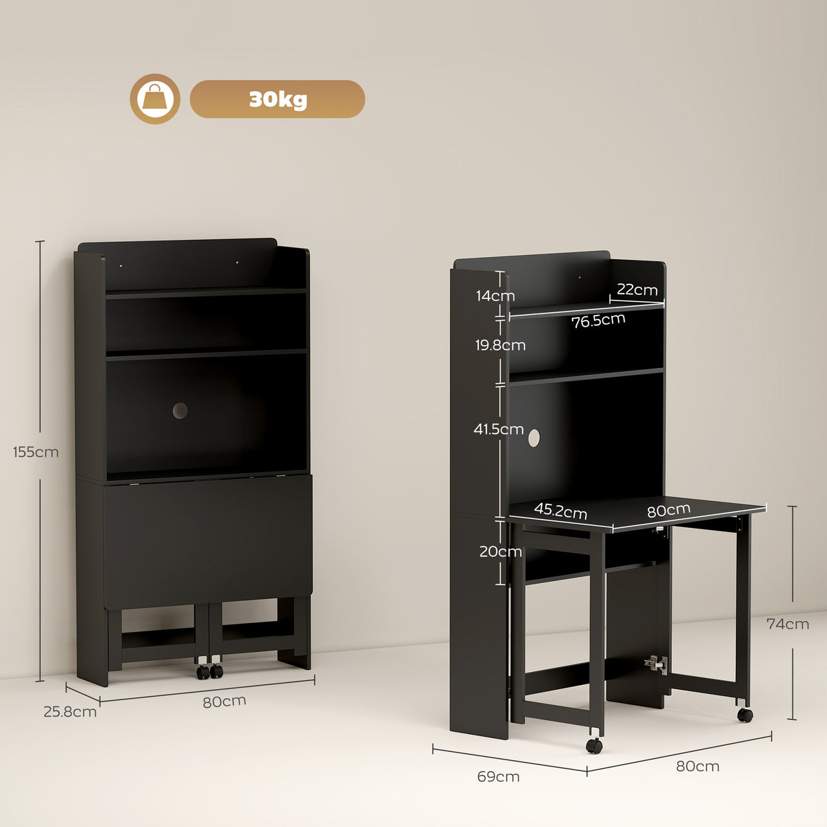 Foldable Computer Desk | Storage Shelves | 80 x 69 x 155 cm | Black