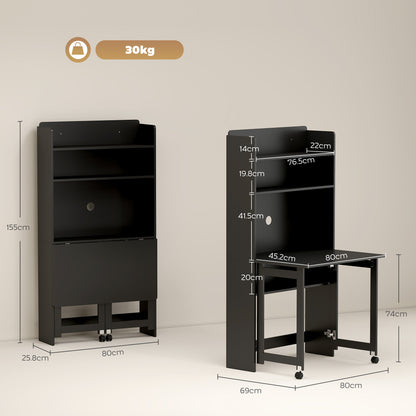 Foldable Computer Desk | Storage Shelves | 80 x 69 x 155 cm | Black
