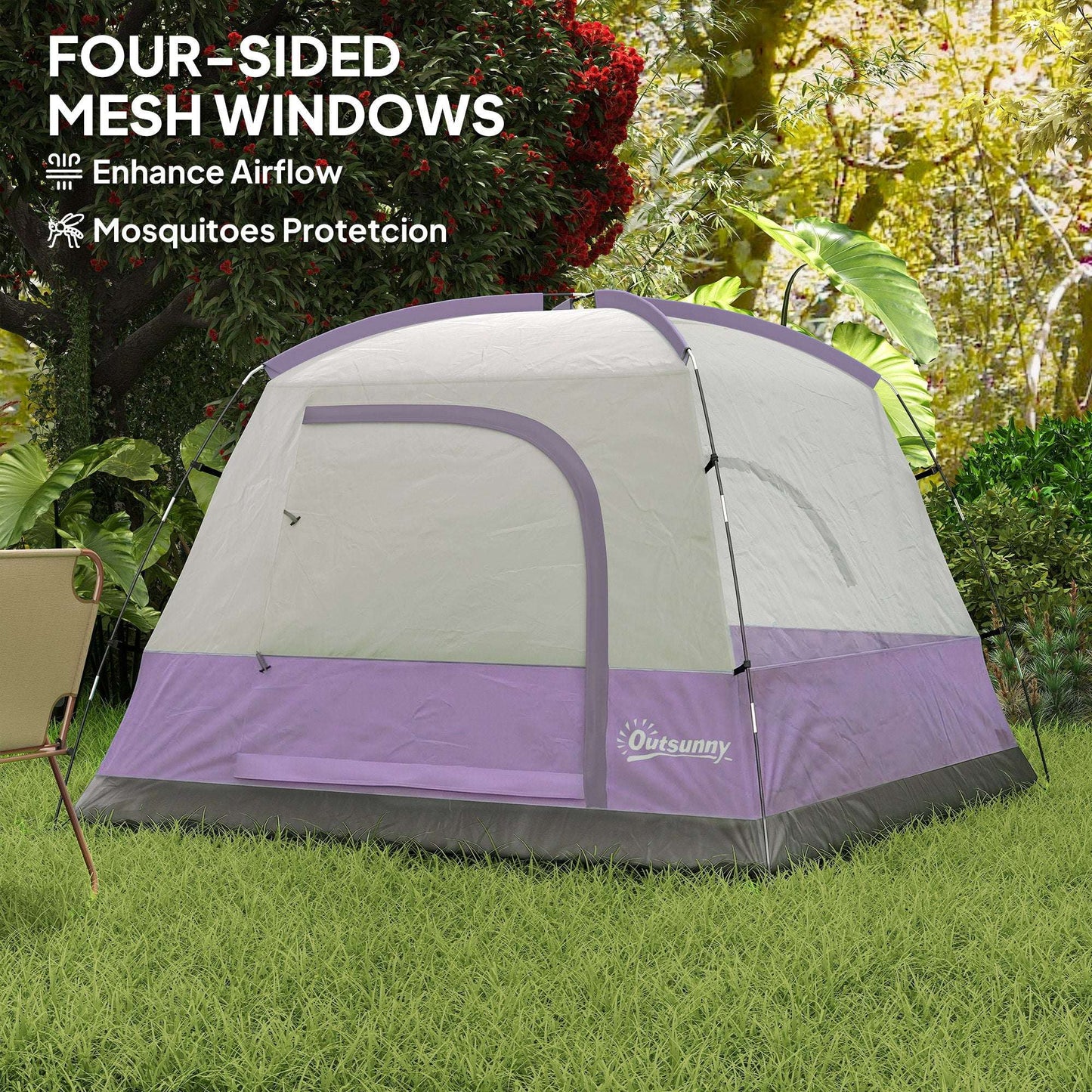 3-4 Person Dome Camping Tent | Sewn-In PE Groundsheet | 3000mm Waterproof | 3-Sided Mesh Windows | Ceiling Hook | Windproof Level 6 | Carrying Bag | 2x2x1.35m | Purple & Grey
