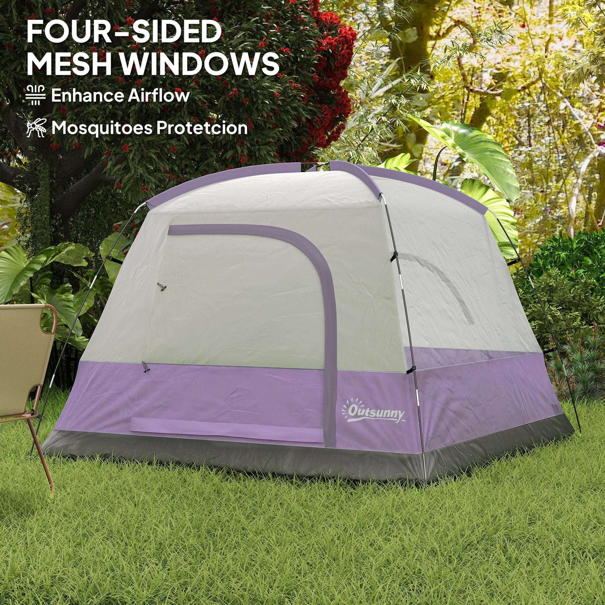 3-4 Person Dome Camping Tent | Sewn-In PE Groundsheet | 3000mm Waterproof | 3-Sided Mesh Windows | Ceiling Hook | Windproof Level 6 | Carrying Bag | 2x2x1.35m | Purple & Grey