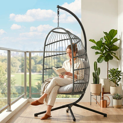 Hanging Egg Chair with Stand | 15cm Cushion | Foldable Basket | Safety Strap | Dark/Light Grey
