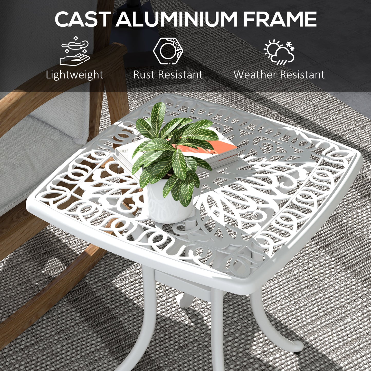 Cast Aluminium Garden Bistro Side Table | 53x53x53cm | Floral Cut-Out Design | Umbrella Hole 3.5cm | Curved Legs | Adjustable Feet | 50kg | White