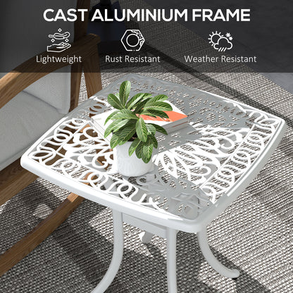 Cast Aluminium Garden Bistro Side Table | 53x53x53cm | Floral Cut-Out Design | Umbrella Hole 3.5cm | Curved Legs | Adjustable Feet | 50kg | White