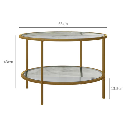 Round Coffee Table with Storage, 2-Tier Tempered Glass Coffee Table with Steel Frame for Living Room, Gold Tone