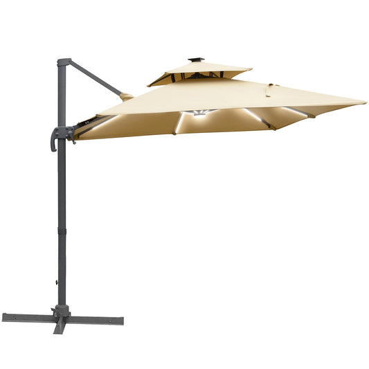 Outdoor 3m Cantilever Parasol LED Patio Umbrella Sun Shade Protector Canopy For Lawn Beach Poolside Khaki