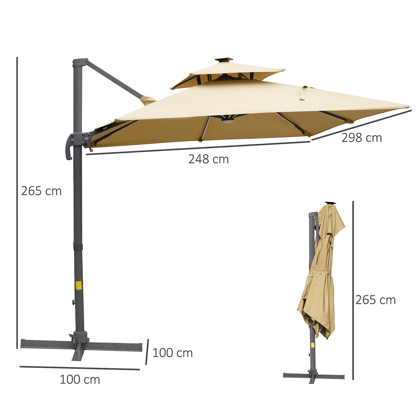 Outdoor 3m Cantilever Parasol LED Patio Umbrella Sun Shade Protector Canopy For Lawn Beach Poolside Khaki