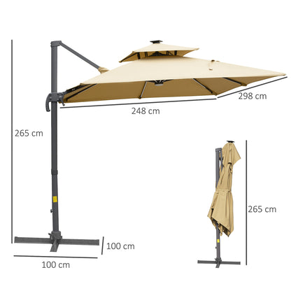 Outdoor 3m Cantilever Parasol LED Patio Umbrella Sun Shade Protector Canopy For Lawn Beach Poolside Khaki