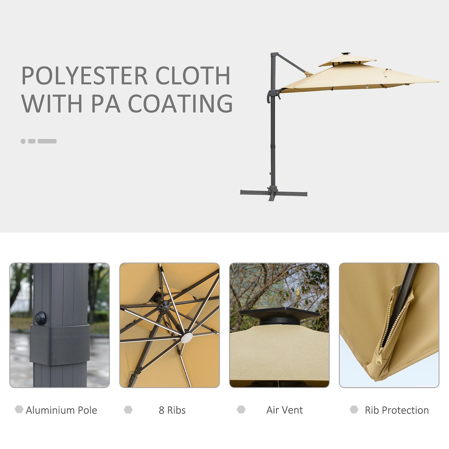 Outdoor 3m Cantilever Parasol LED Patio Umbrella Sun Shade Protector Canopy For Lawn Beach Poolside Khaki