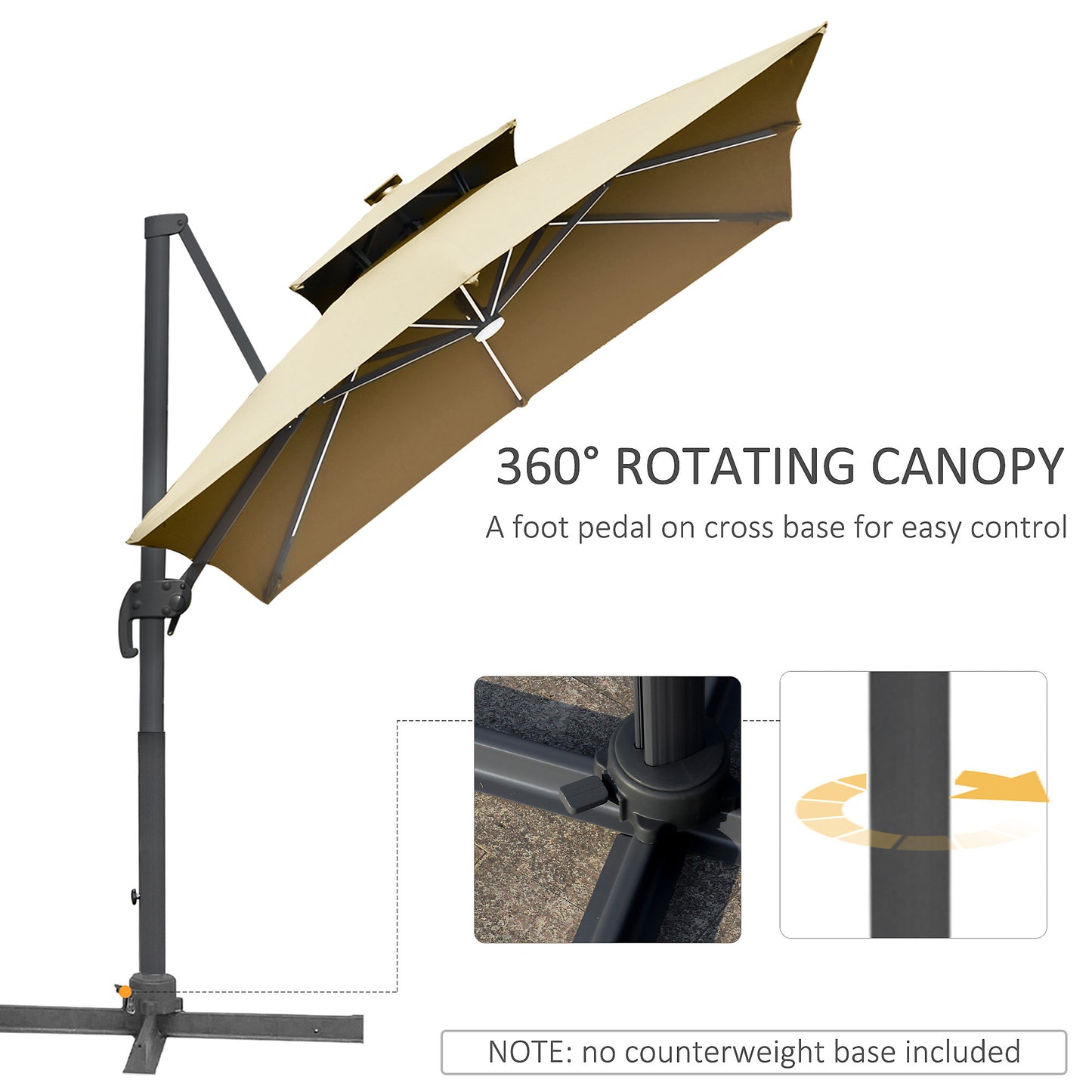 Outdoor 3m Cantilever Parasol LED Patio Umbrella Sun Shade Protector Canopy For Lawn Beach Poolside Khaki