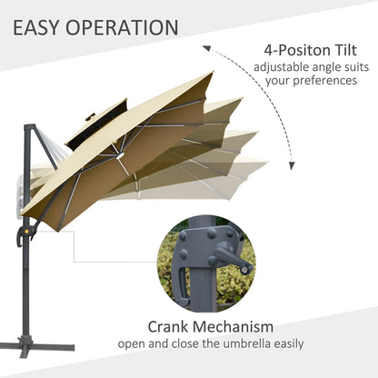 Outdoor 3m Cantilever Parasol LED Patio Umbrella Sun Shade Protector Canopy For Lawn Beach Poolside Khaki