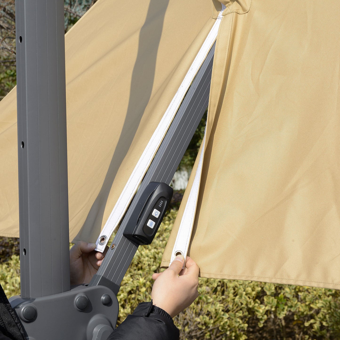 Outdoor 3m Cantilever Parasol LED Patio Umbrella Sun Shade Protector Canopy For Lawn Beach Poolside Khaki