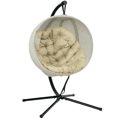 Hanging Egg Swing Chair Outdoor Indoor Garden with Folding Basket, Garden Hanging Chair with Stand, Thickened Cushion, Cup Holder for Patio, Balcony,