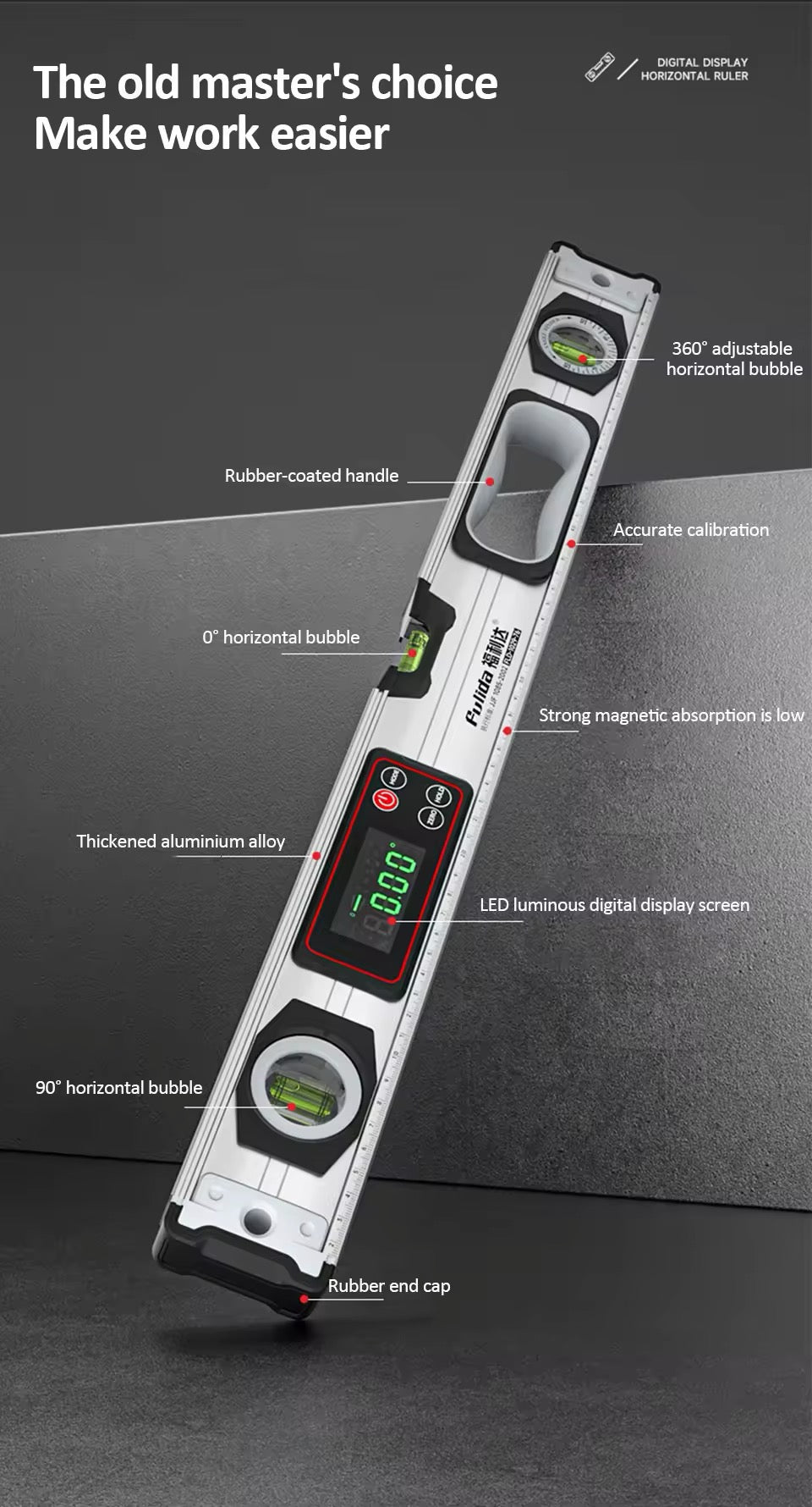 Digital Protractor Angle Finder Inclinometer Magnets Spirit Level Angle Slope 0-90 °Electronic Level Ruler 20-50MM with LED Display 40CM