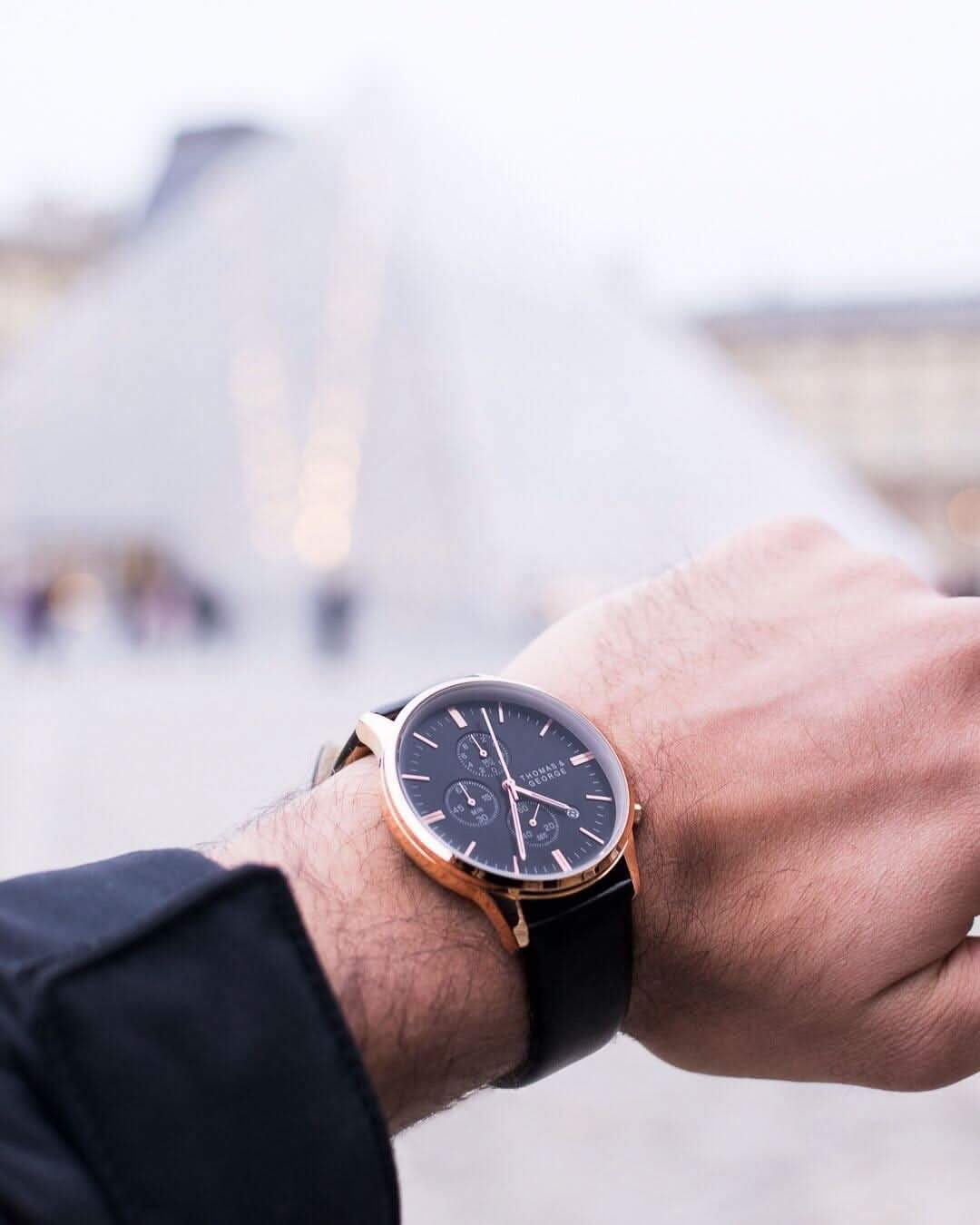 Thomas & George Kingman 43 Quartz Chronograph Watch | 43mm Round Rose-Gold-Tone Case | Black Dial & 20mm Leather Strap | Optional Luxury Box