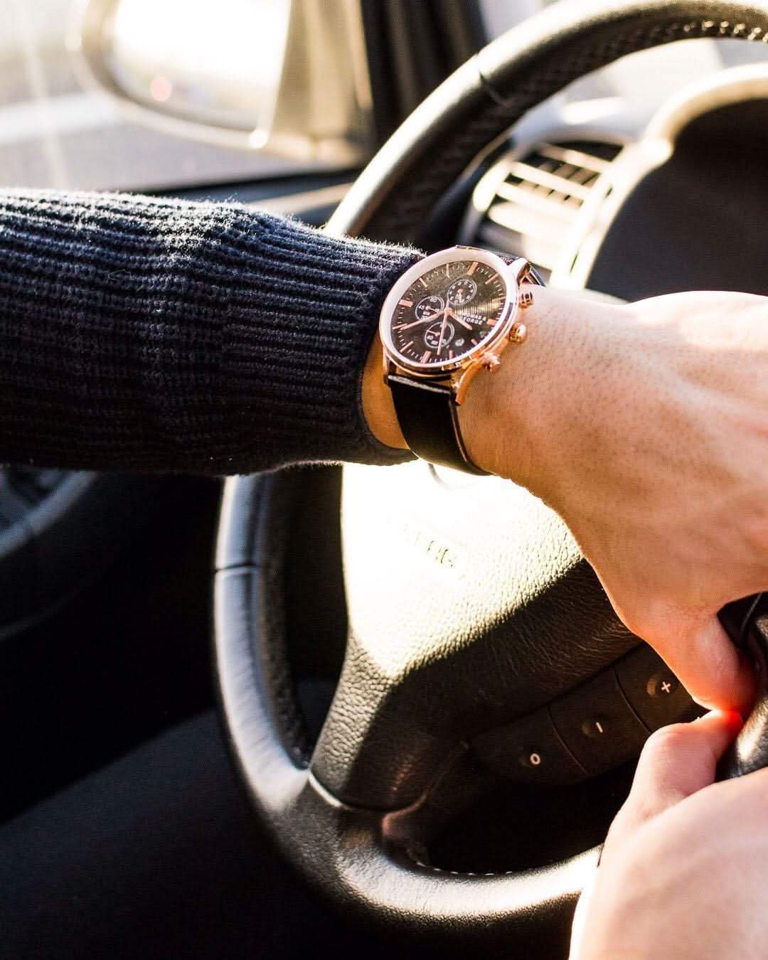 Thomas & George Kingman 43 Quartz Chronograph Watch | 43mm Round Rose-Gold-Tone Case | Black Dial & 20mm Leather Strap | Optional Luxury Box