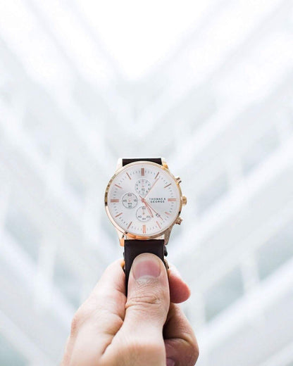 Thomas & George Ottawa 43 Quartz Chronograph Watch | 43mm Round Rose-Gold-Tone Case & Silver Dial | 20mm Brown Leather Strap