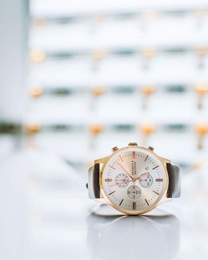 Thomas & George Ottawa 43 Quartz Chronograph Watch | 43mm Round Rose-Gold-Tone Case & Silver Dial | 20mm Brown Leather Strap