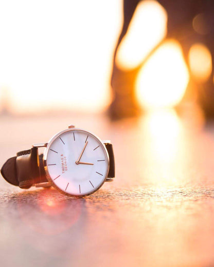 Thomas & George Bakersfield Black Watch | 40mm Gold-Tone Case, White Dial & Black Leather Strap | Slim 6mm Japanese Quartz | Optional Luxury Box