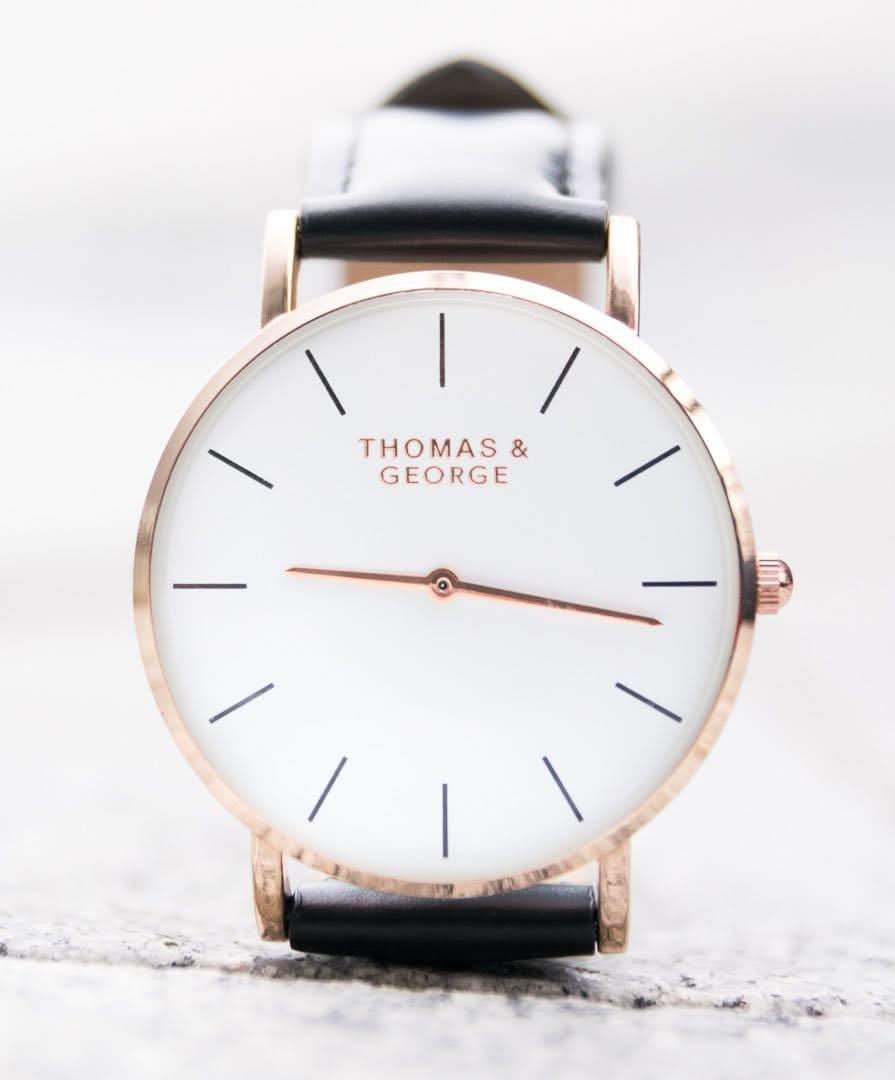 Thomas & George Bakersfield Black Watch | 40mm Gold-Tone Case, White Dial & Black Leather Strap | Slim 6mm Japanese Quartz | Optional Luxury Box